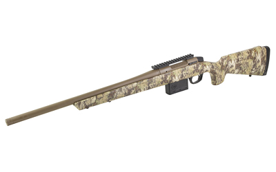 Camouflage bolt-action hunting rifle on white background