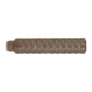 Textured brown cylindrical firearm suppressor on white background