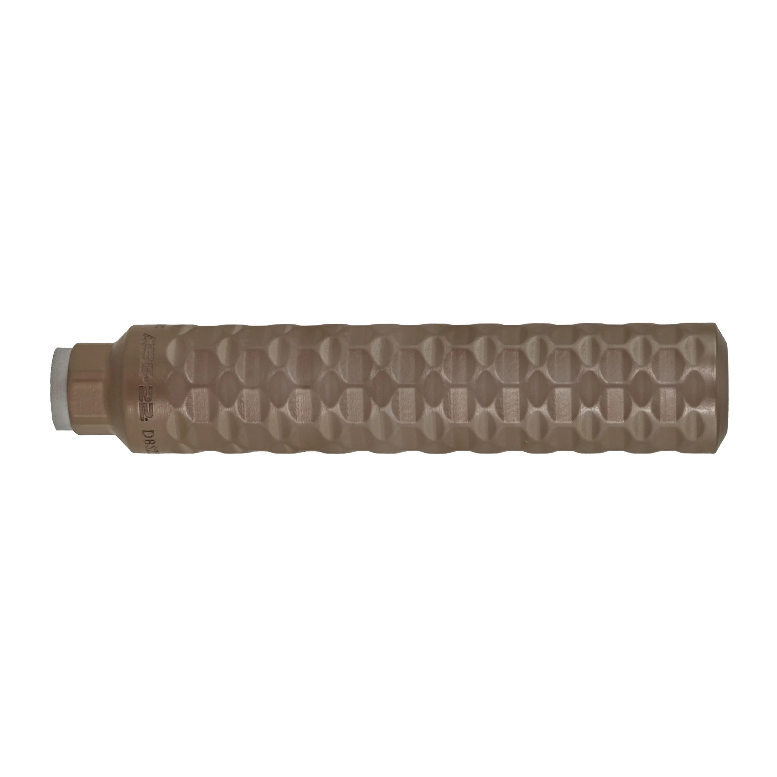Textured brown cylindrical firearm suppressor on white background