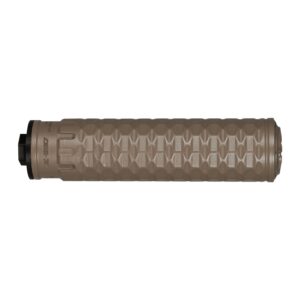 Tan textured cylindrical firearm suppressor on white background
