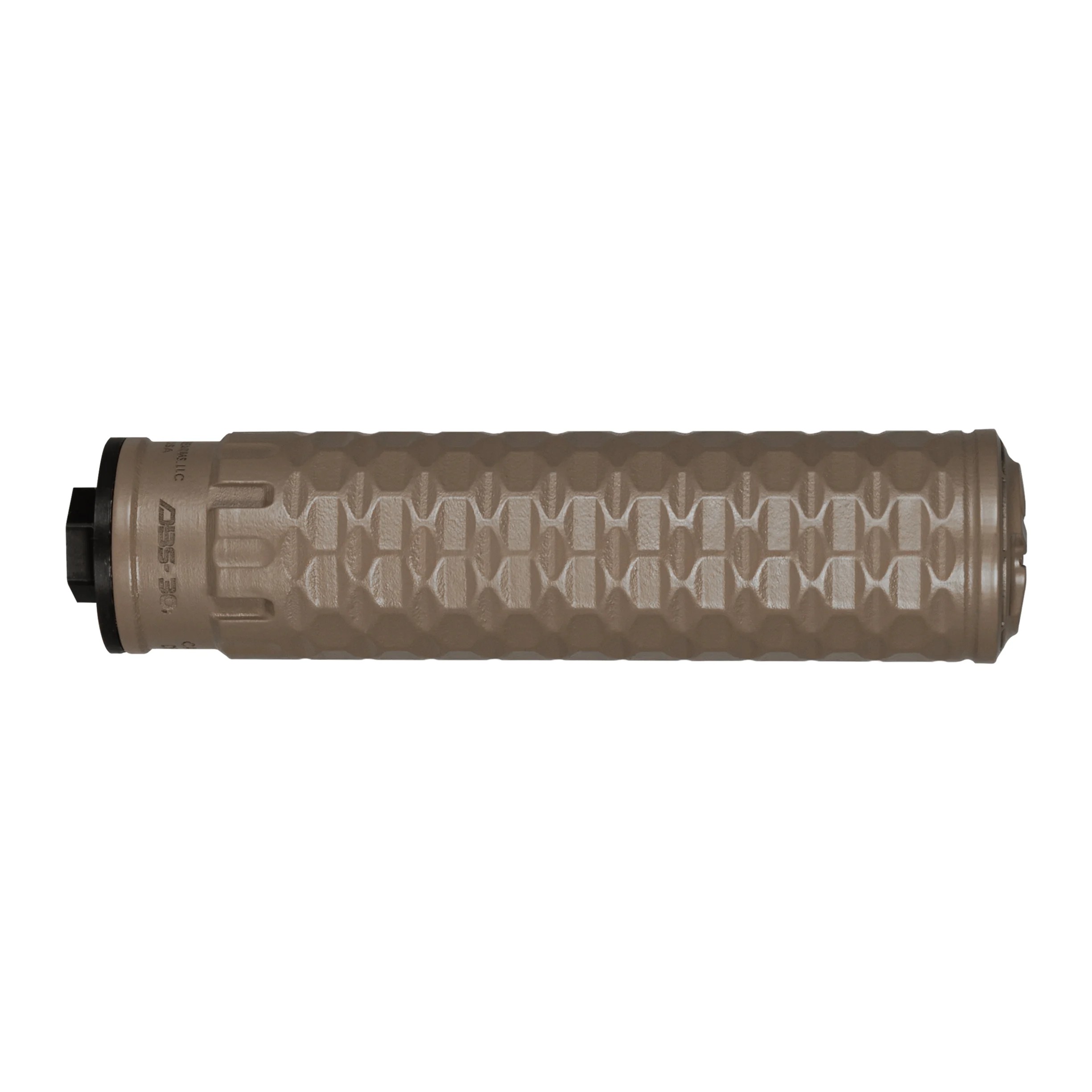 Tan textured cylindrical firearm suppressor on white background