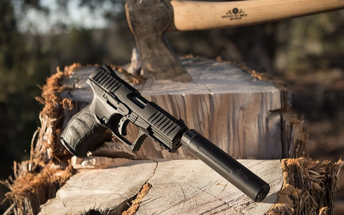 Handgun with suppressor on chopped tree stump