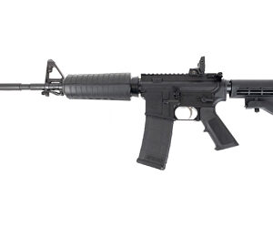 Black semi-automatic rifle on a white background.