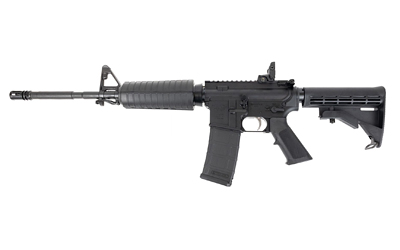 Black semi-automatic rifle on a white background.
