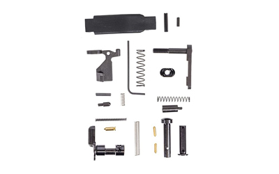Disassembled handgun parts laid out on white background