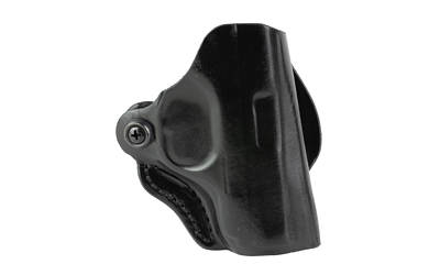Black leather handgun holster with retention screw