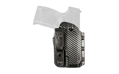 Handgun in carbon fiber holster with belt clip