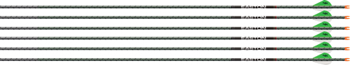 Row of arrows with green fletching aligned horizontally