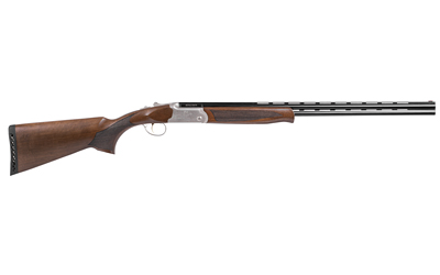 Over-under shotgun with wooden stock on white background