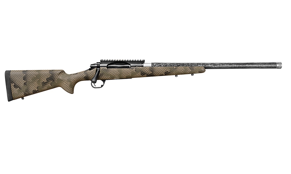 Camouflage bolt-action rifle on white background