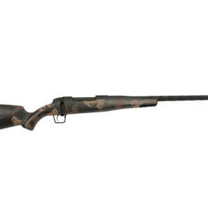 Bolt-action rifle with camouflage stock and long barrel