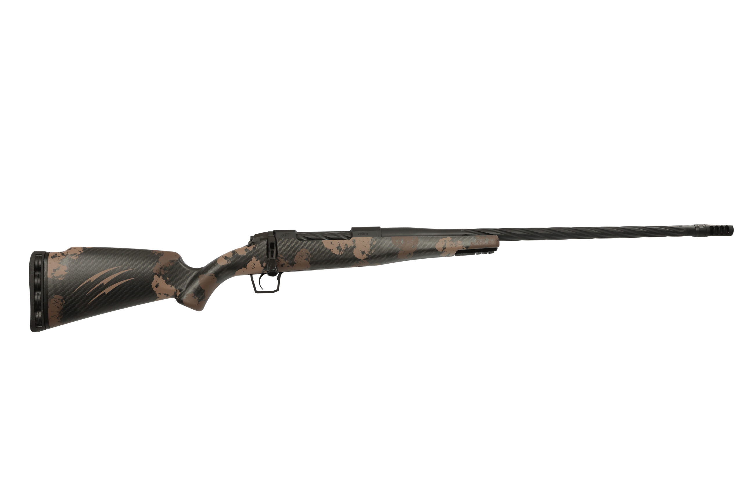 Bolt-action rifle with camouflage stock and long barrel