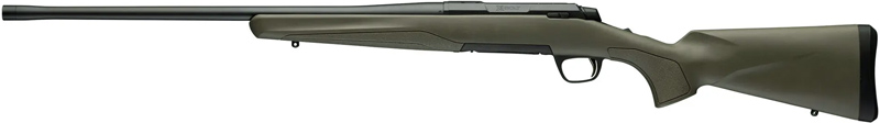 Olive green bolt-action hunting rifle on white background