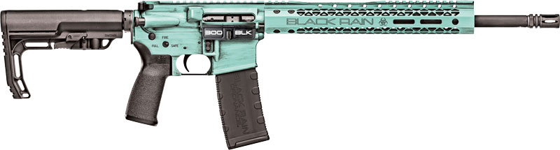 Turquoise and black AR-15 style rifle
