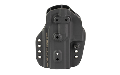 Black molded polymer handgun holster with mounting holes