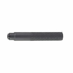 Black cylindrical firearm suppressor on white background