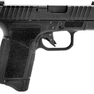Black handgun with textured grip and sleek design.