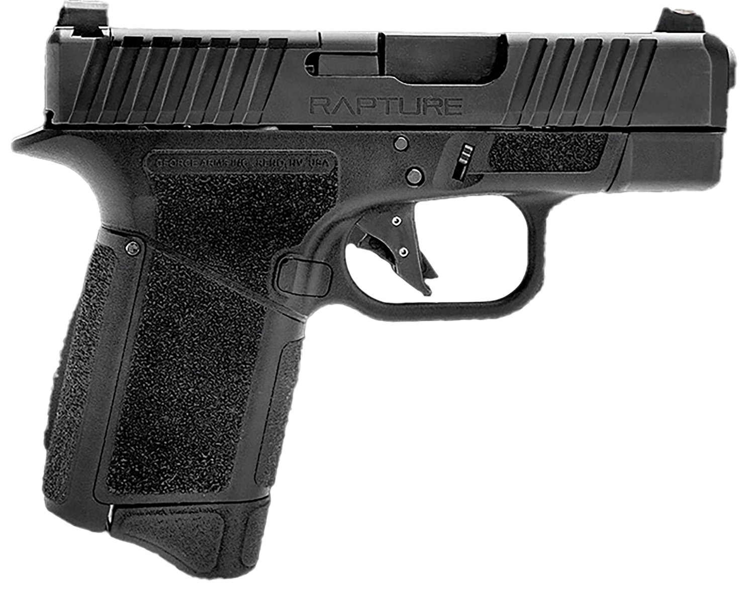 Black handgun with textured grip and sleek design.