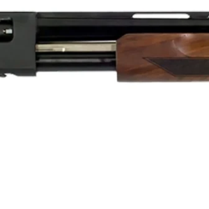 Side view of a shotgun with wooden stock.