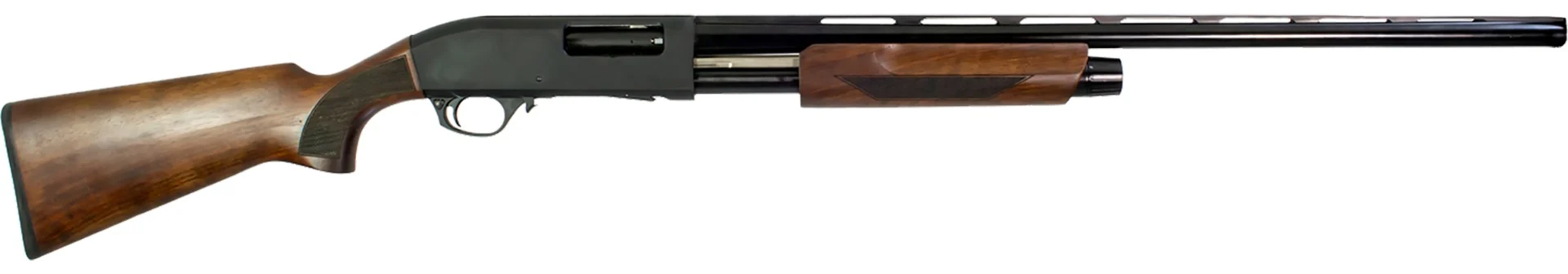 Side view of a shotgun with wooden stock.
