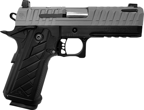 Black and silver semi-automatic handgun side view