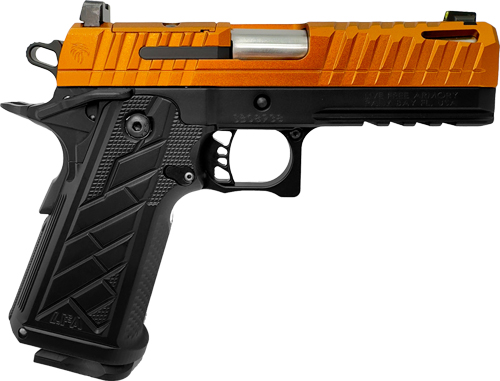 Orange and black semi-automatic handgun side view