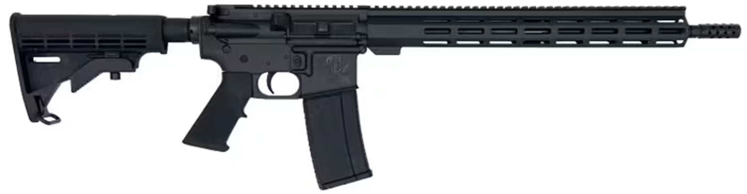 Black semi-automatic rifle on white background