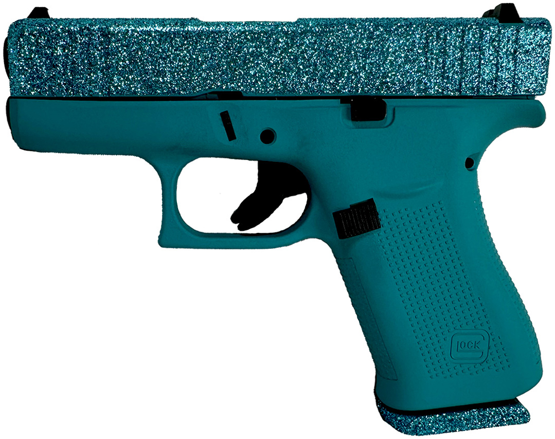 Turquoise handgun with glittery slide