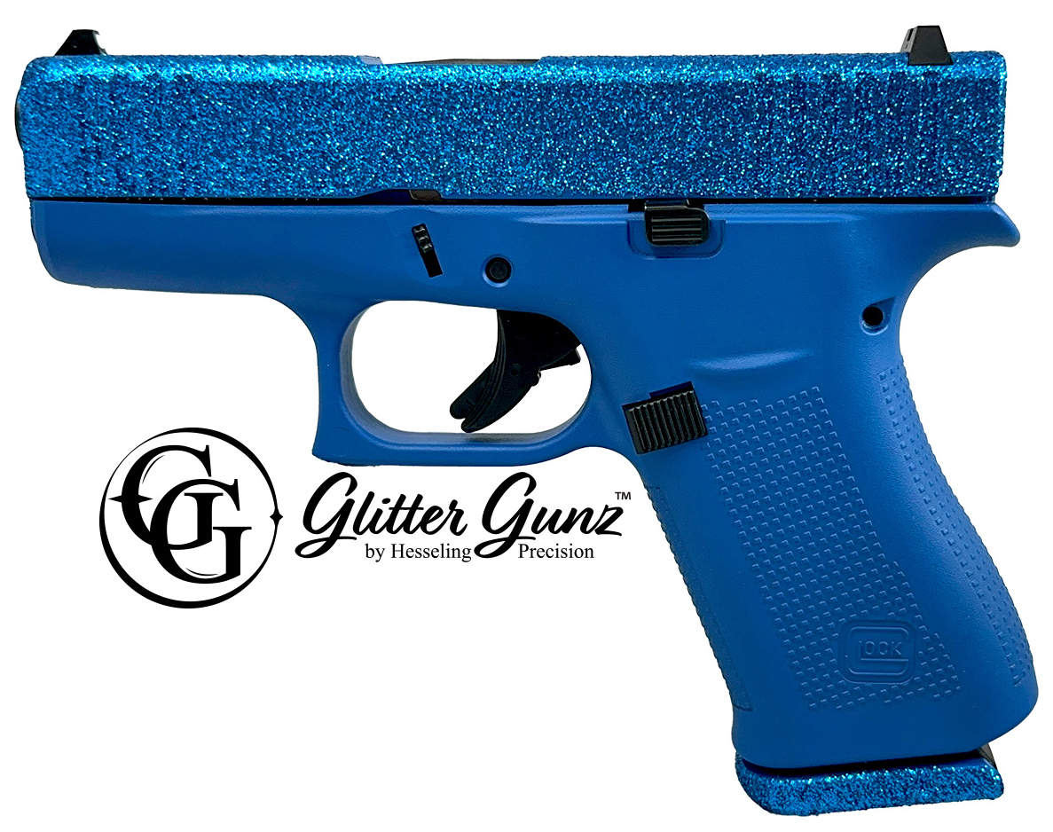 Bright blue handgun with glittery top.