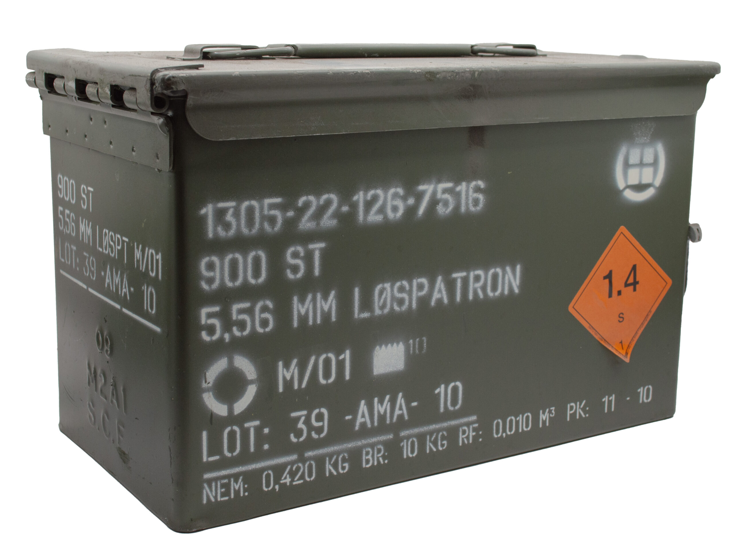 Green military ammunition box with hazard label