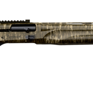 Camouflaged semi-automatic shotgun on white background