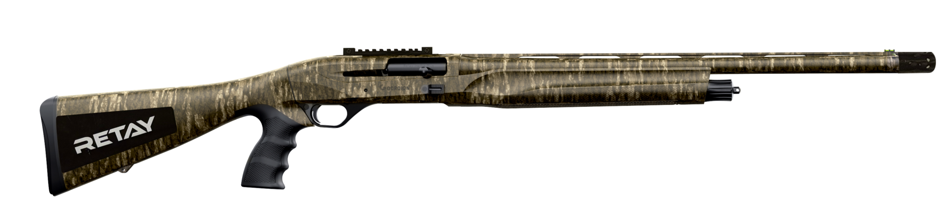 Camouflaged semi-automatic shotgun on white background