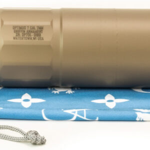 Tan firearm suppressor with visible ammunition rounds
