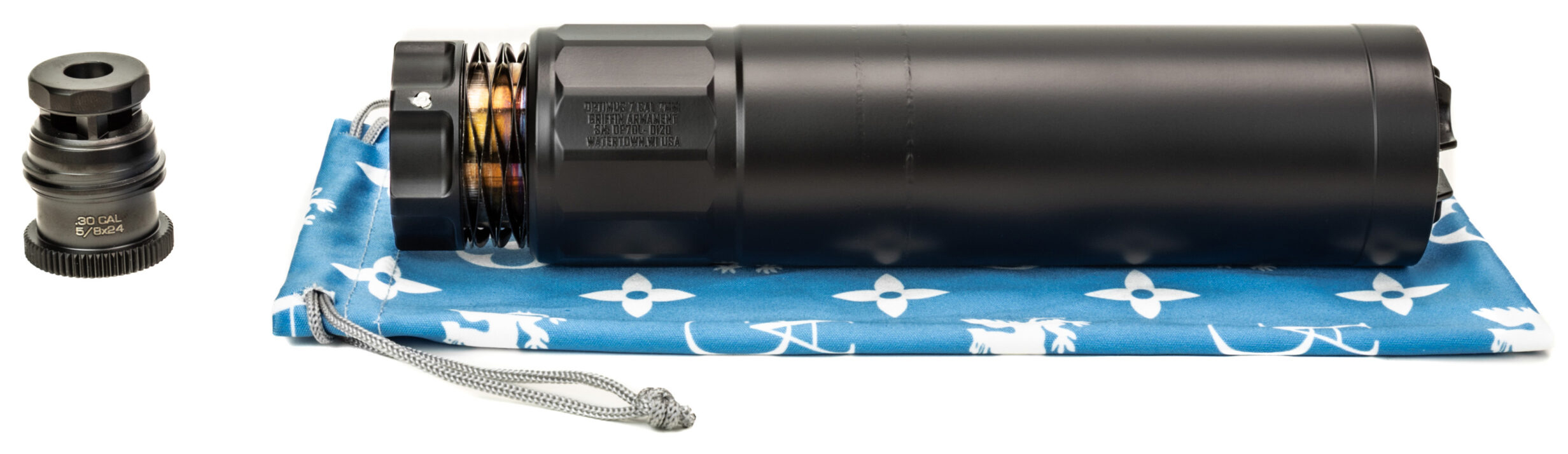 Rifle suppressor and muzzle device on cloth pouch