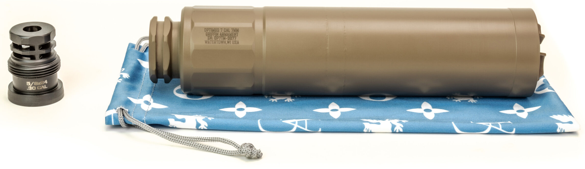 Rifle suppressor and muzzle device on pouch