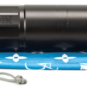 Black firearm suppressor with threaded adapter on cloth