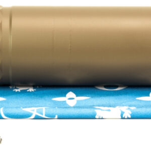 Tan rifle suppressor on blue patterned pouch