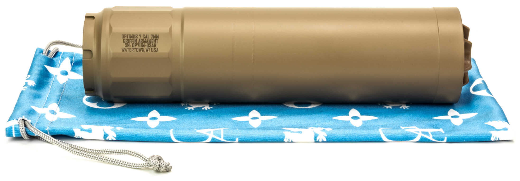 Tan rifle suppressor on blue patterned pouch