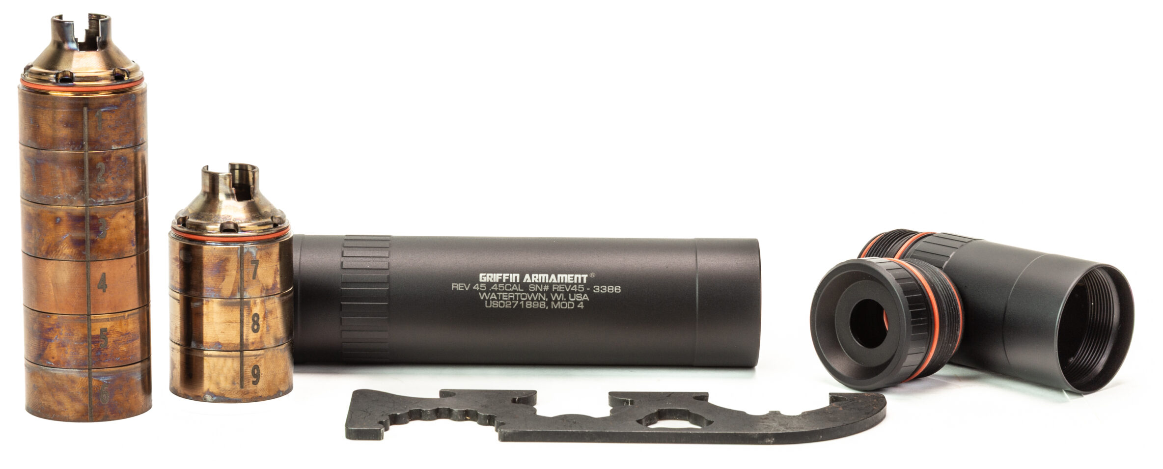 Modular .45 caliber firearm suppressor components and tool