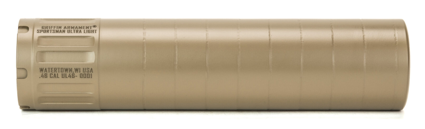 Tan Griffin Armament rifle suppressor on white background