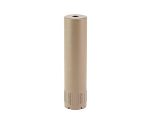 Tan cylindrical firearm suppressor on white background