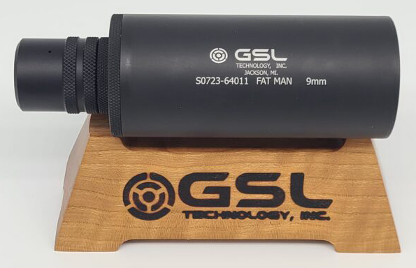 GSL FAT MAN 9mm suppressor on wooden stand