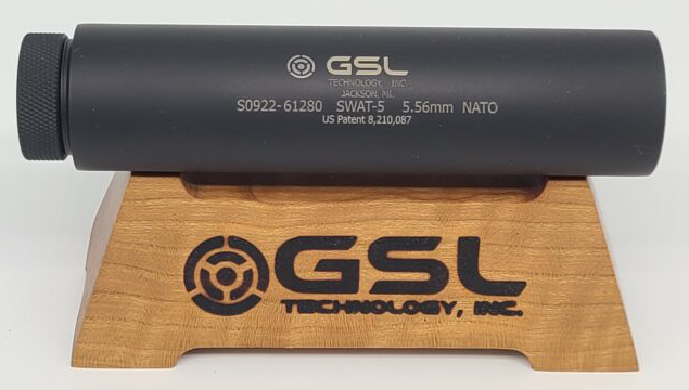 GSL 5.56mm NATO suppressor on wooden stand