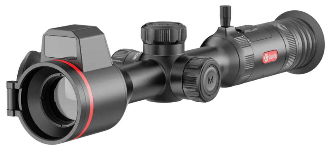 Black rifle scope with red accent ring