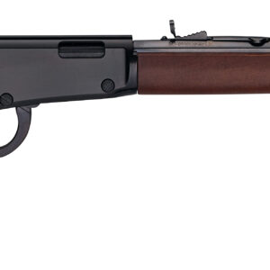 Side view of a rifle with wooden stock
