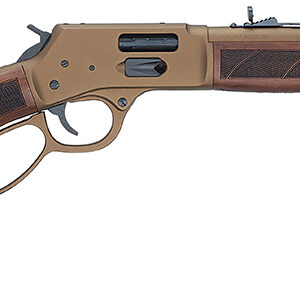 Lever-action rifle with wooden stock and brass finish