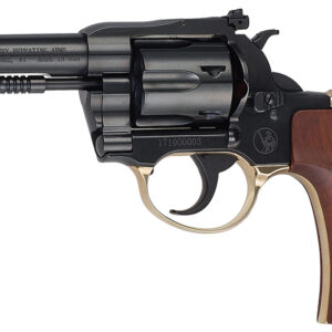 Black revolver with wooden grip on white background
