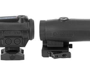 Two black rifle red dot sights on mounts