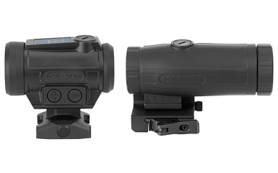 Two black rifle red dot sights on mounts