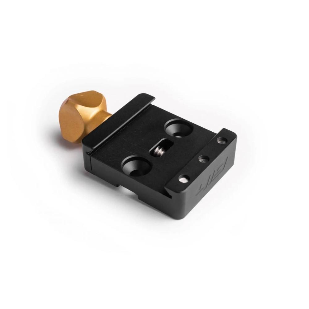 Black metal mounting clamp with gold knob